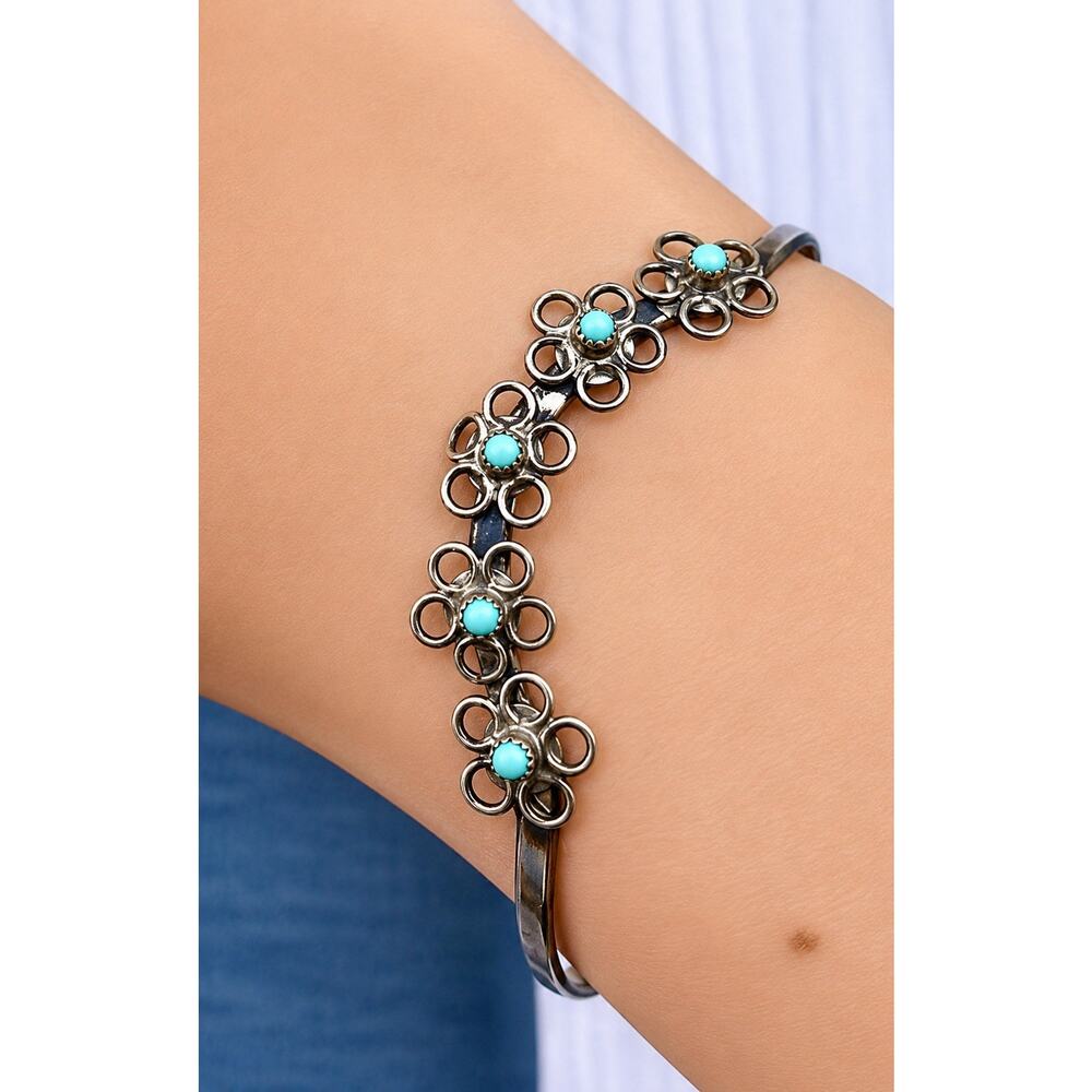 Sterling Silver Turquoise Flower Cuff Bracelet Zuni Style Petit Point Floral